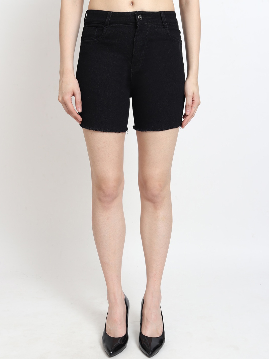 

LIVE OK Women Skinny Fit High-Rise Denim Shorts, Black