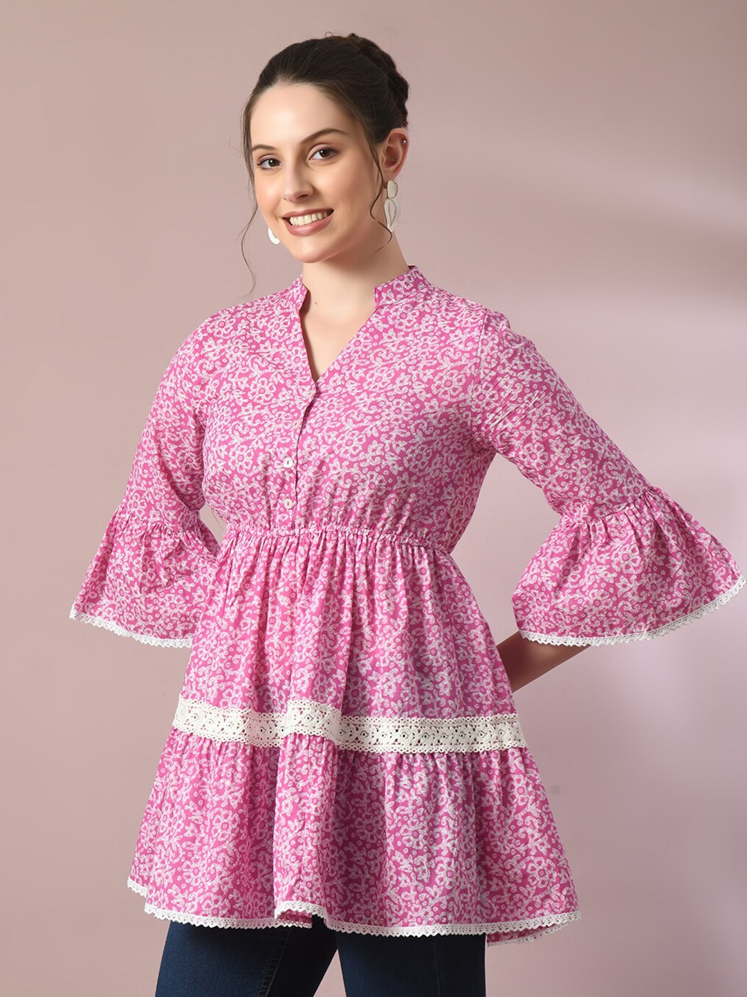 

HERE&NOW Floral Print Mandarin Collar Bell Sleeve Cotton Empire Top, Pink