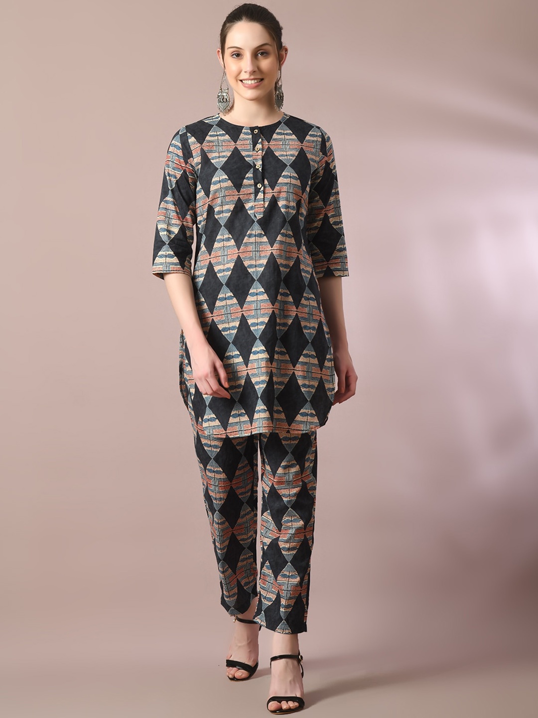 

HERE&NOW Printed Pure Cotton Round Neck Tunic With Flared Trouser, Beige