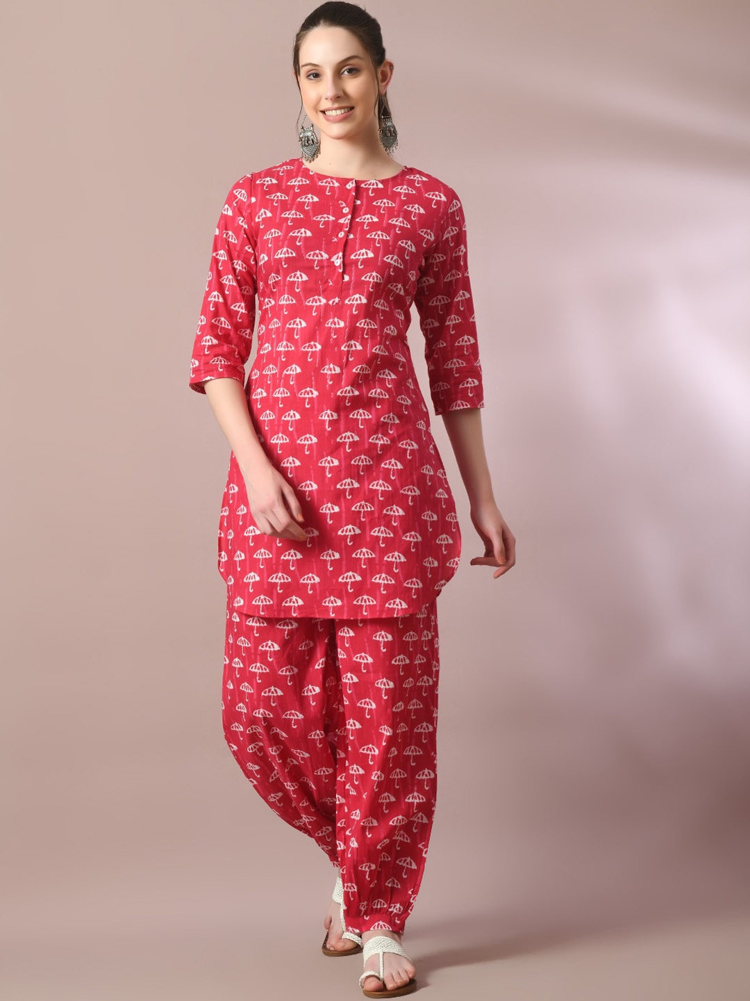 

HERE&NOW Printed Pure Cotton Round Neck Tunic With Flared Trouser, Pink