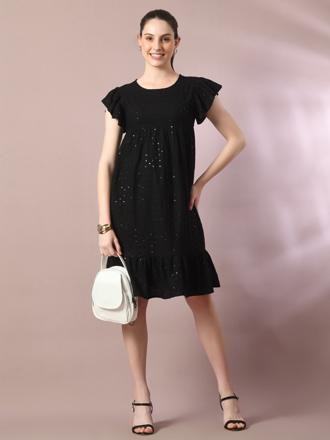 

HERE&NOW Flutter Sleeve A-Line Dress, Black