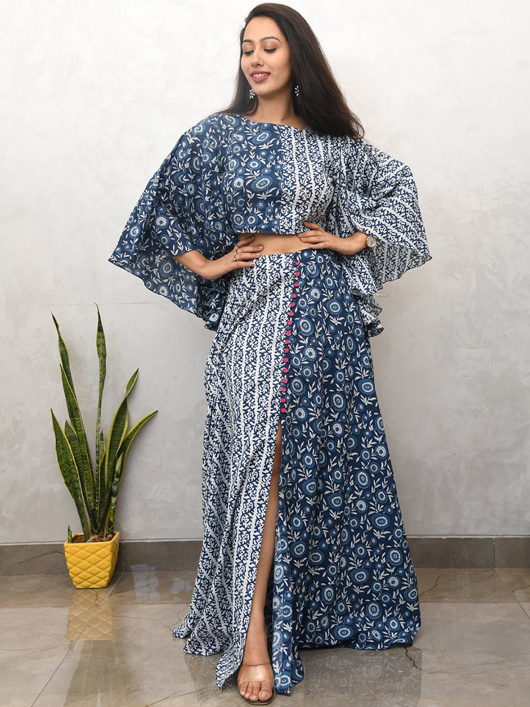 

ODETTE Floral Printed Pure Cotton Top With Maxi Skirt Co-Ords, Blue