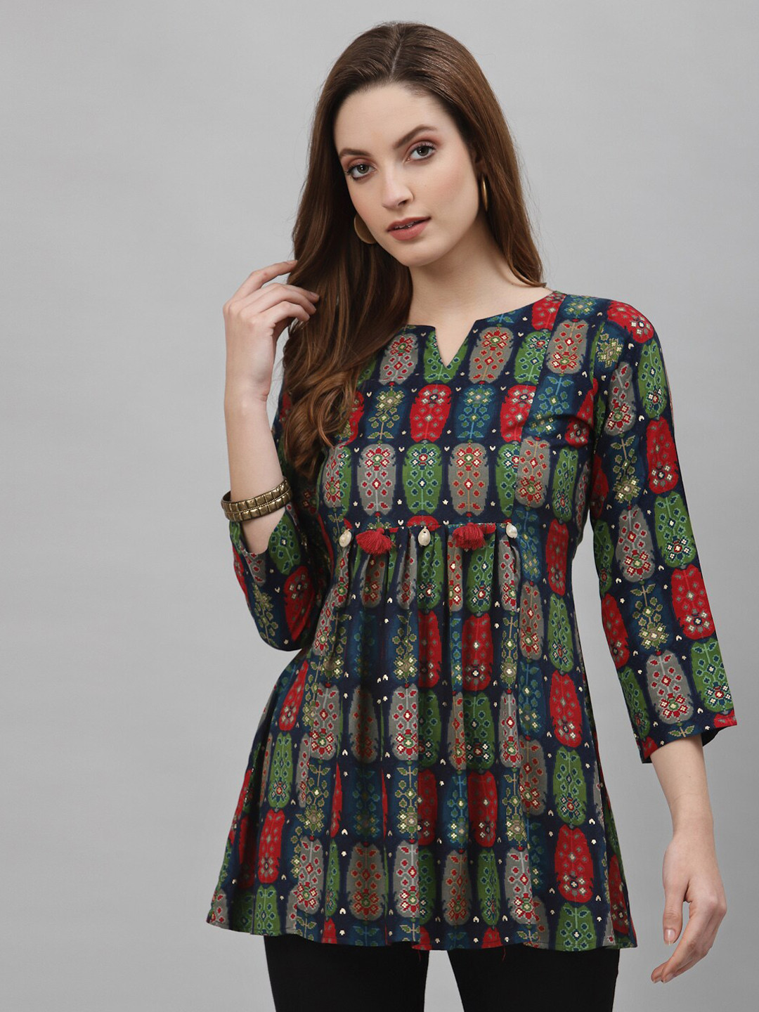 

TANKHI Printed Gathered Notched Neck A-Line Top, Blue