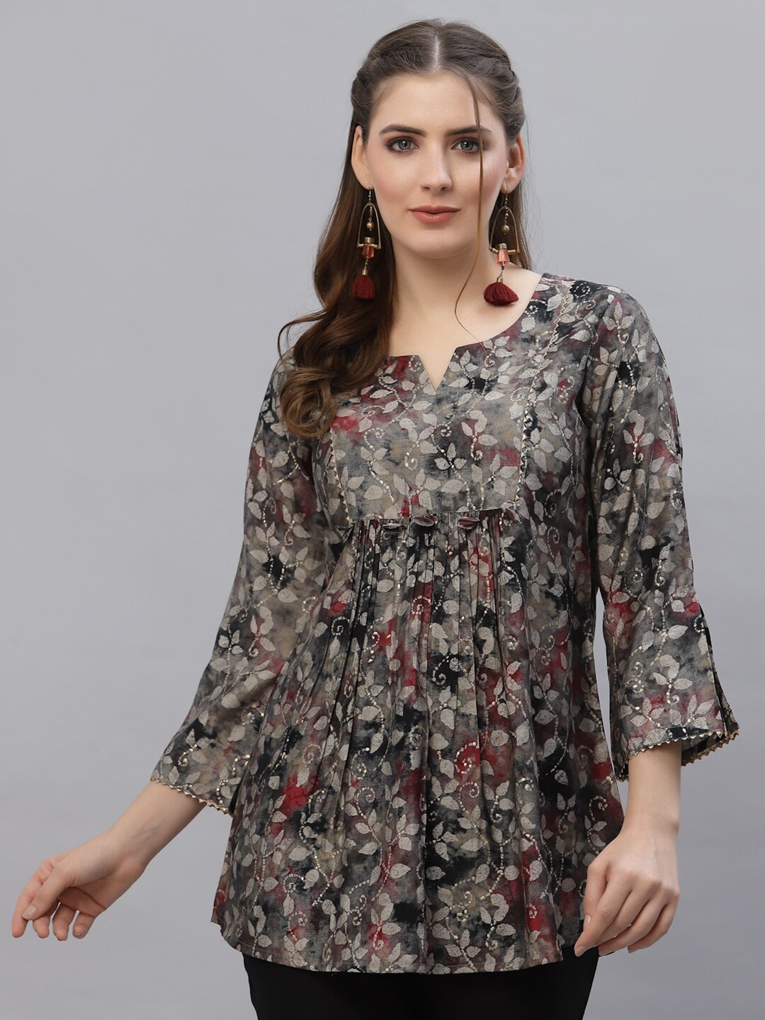 

TANKHI Floral Printed Gathered Bell Sleeves A-Line Top, Grey