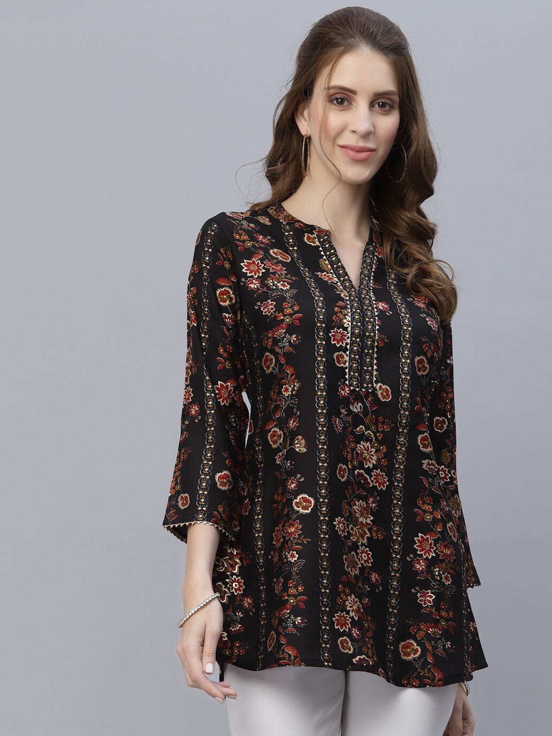 

TANKHI Floral Printed Mandarin Collar Top, Black