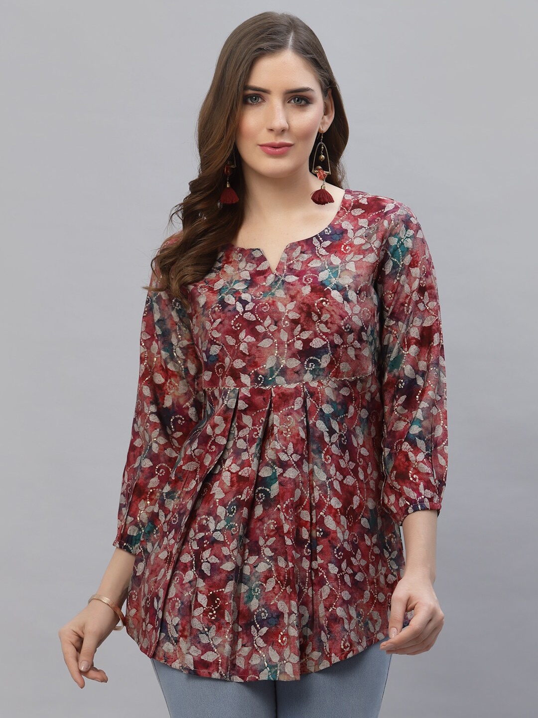 

TANKHI Floral Printed A-Line Modal Top, Maroon
