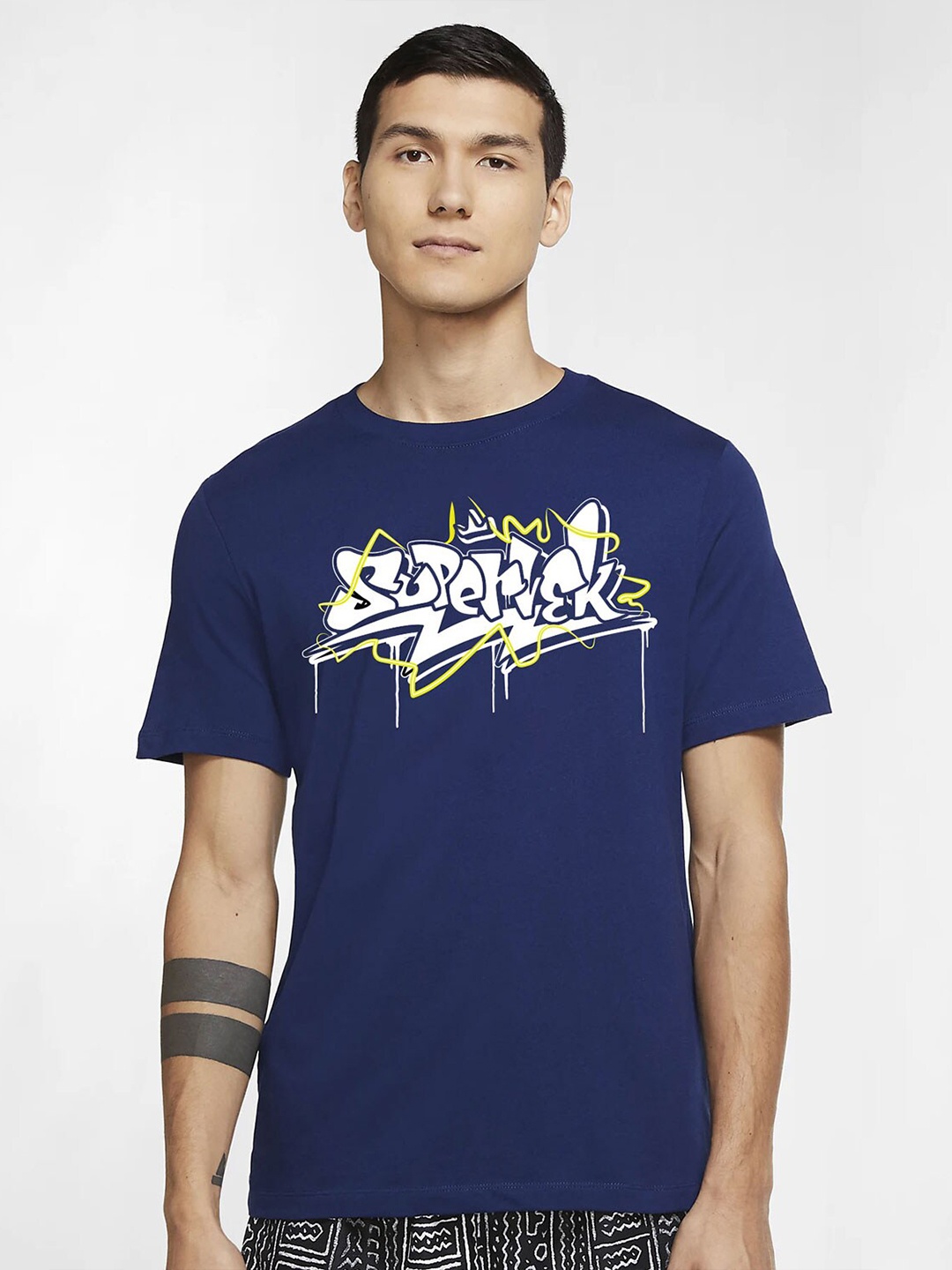 

SUPERVEK Typography Printed Round Neck Cotton T-shirt, Navy blue