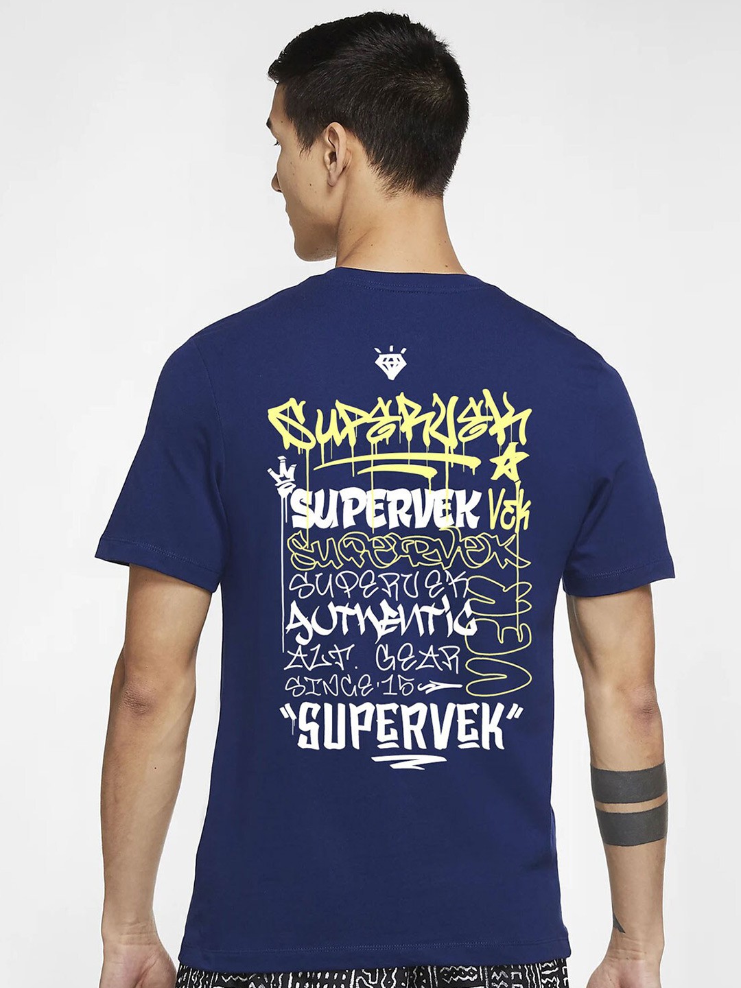 

SUPERVEK Typography Printed Round Neck Cotton T-shirt, Navy blue