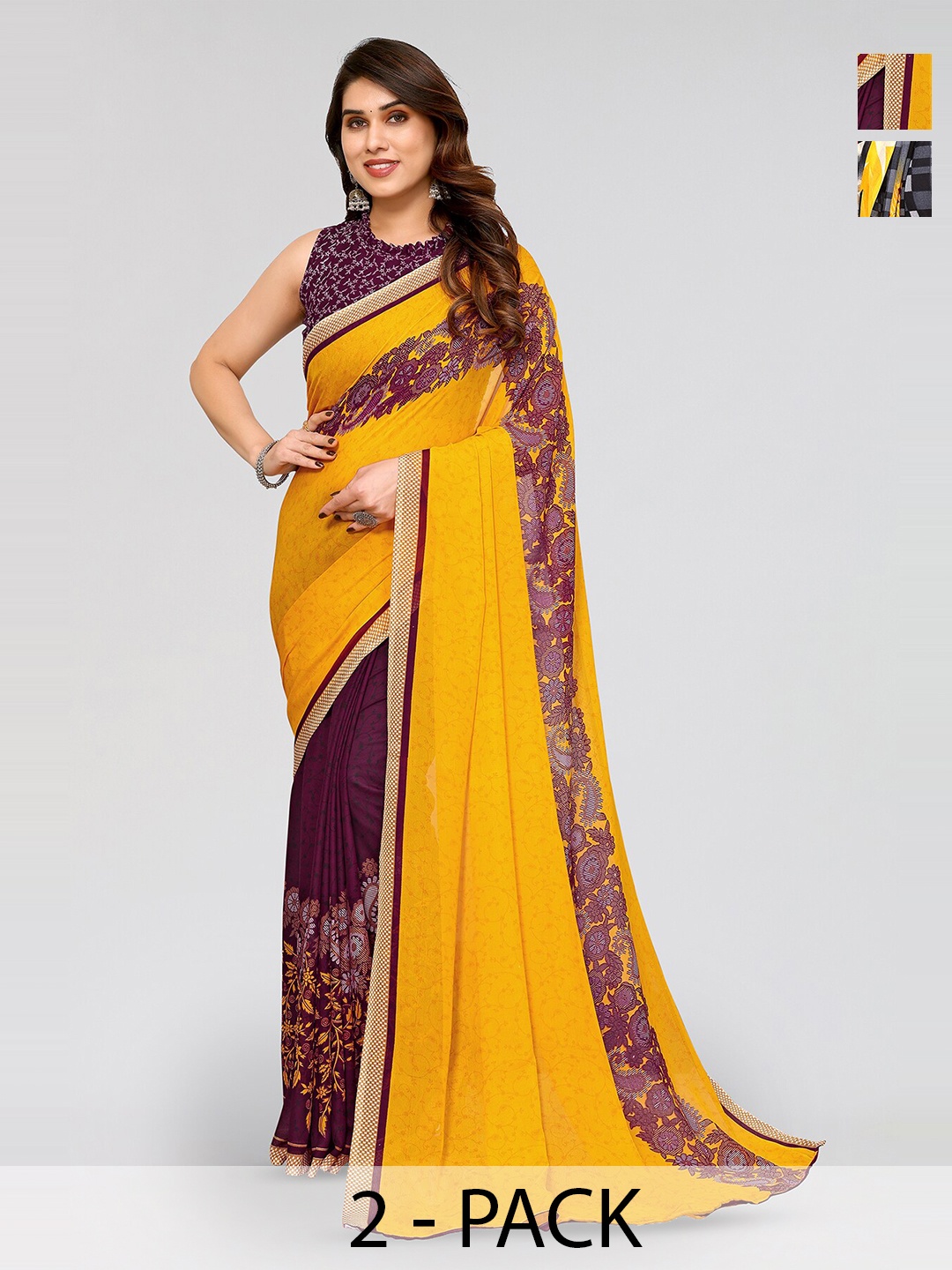 

ANAND SAREES Selection Of 2 Geometric Printed Sarees, Black