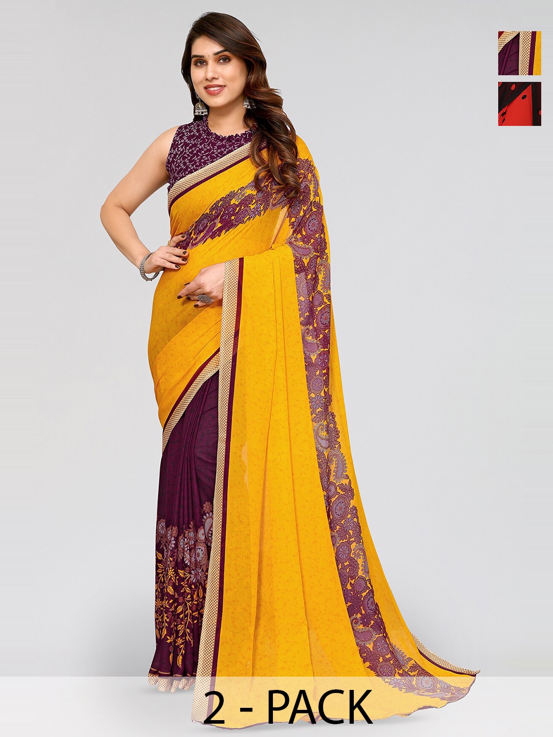 

ANAND SAREES Selection Of 2 Floral Printed Sarees, Yellow