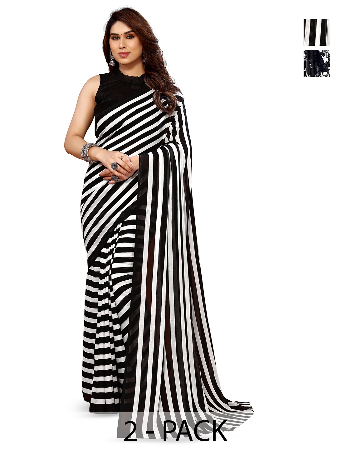 

ANAND SAREES Selection Of 2 Striped Printed Sarees, Black