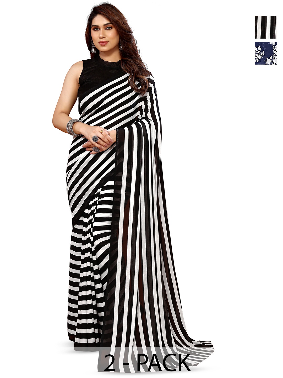 

ANAND SAREES Selection Of 2 Striped Printed Sarees, Black
