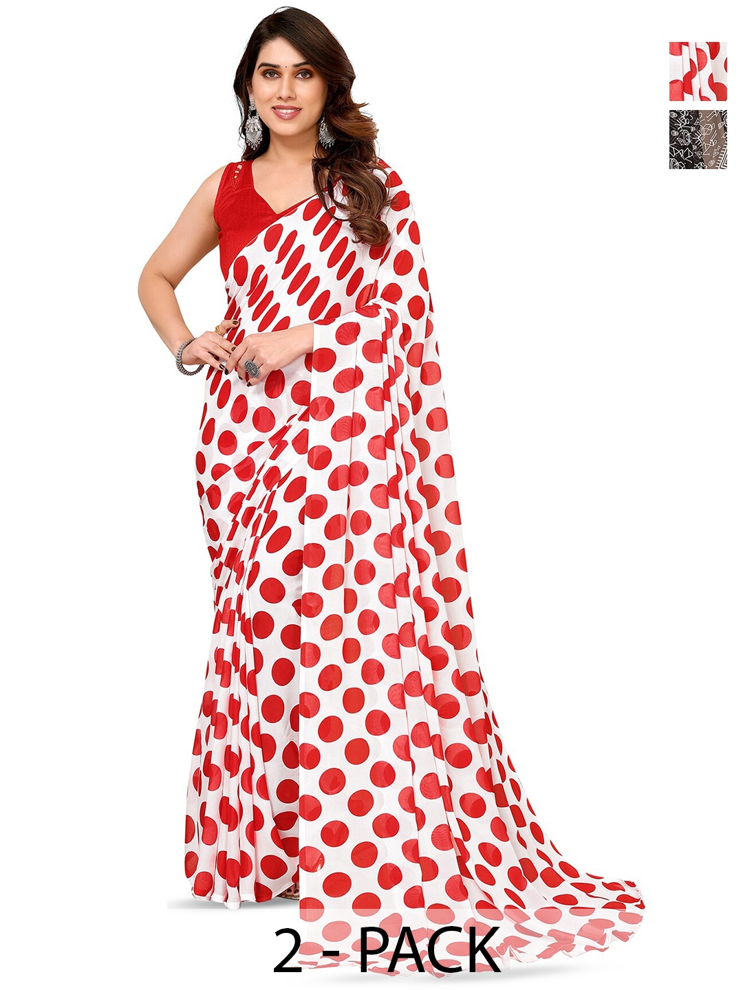 

ANAND SAREES Selection Of 2 Polka Dot Printed Sarees, Grey