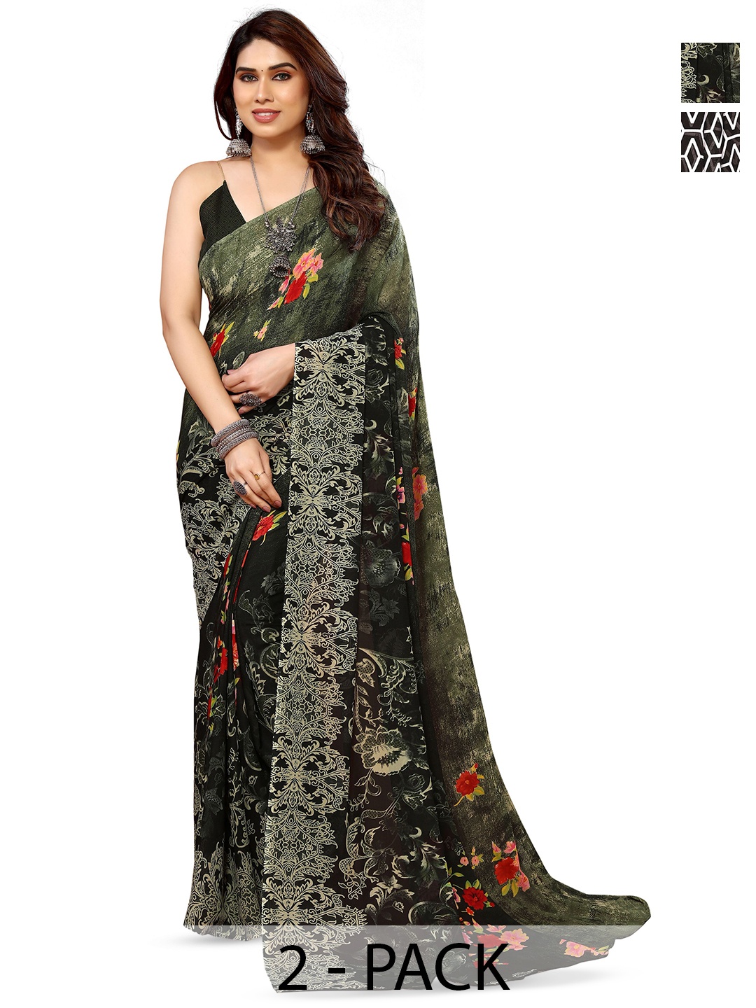 

ANAND SAREES Selection Of 2 Floral Printed Sarees, Black