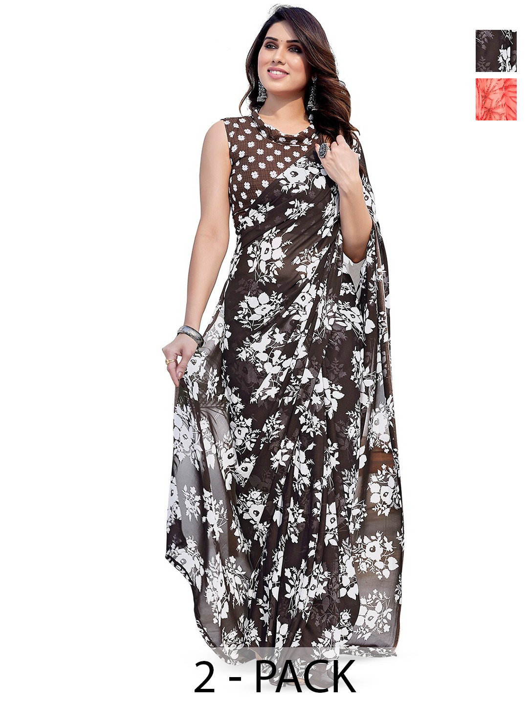 

ANAND SAREES Selection Of 2 Floral Printed Saree, Brown