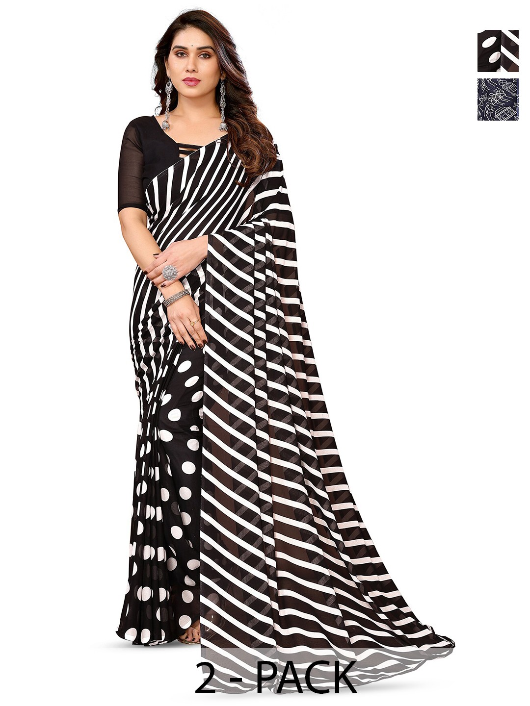 

ANAND SAREES Selection of 2 Ethnic Motifs Printed Sarees, Black