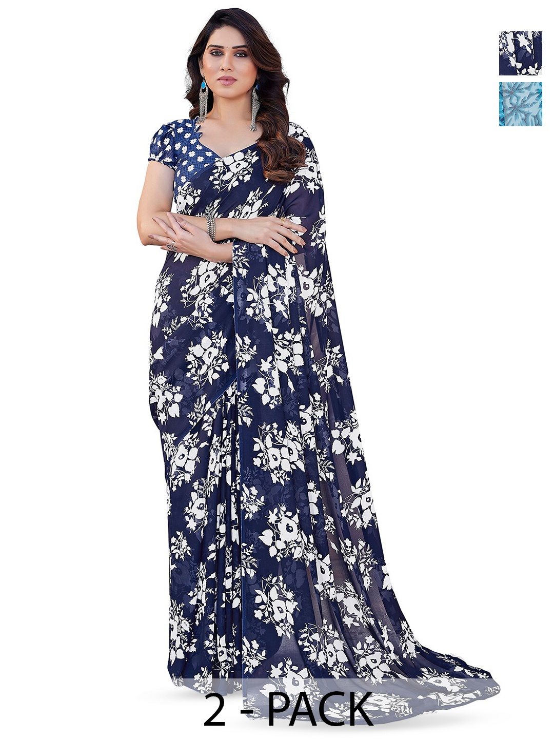 

ANAND SAREES Pack Of 2 Floral Printed Georgette Saree, Blue