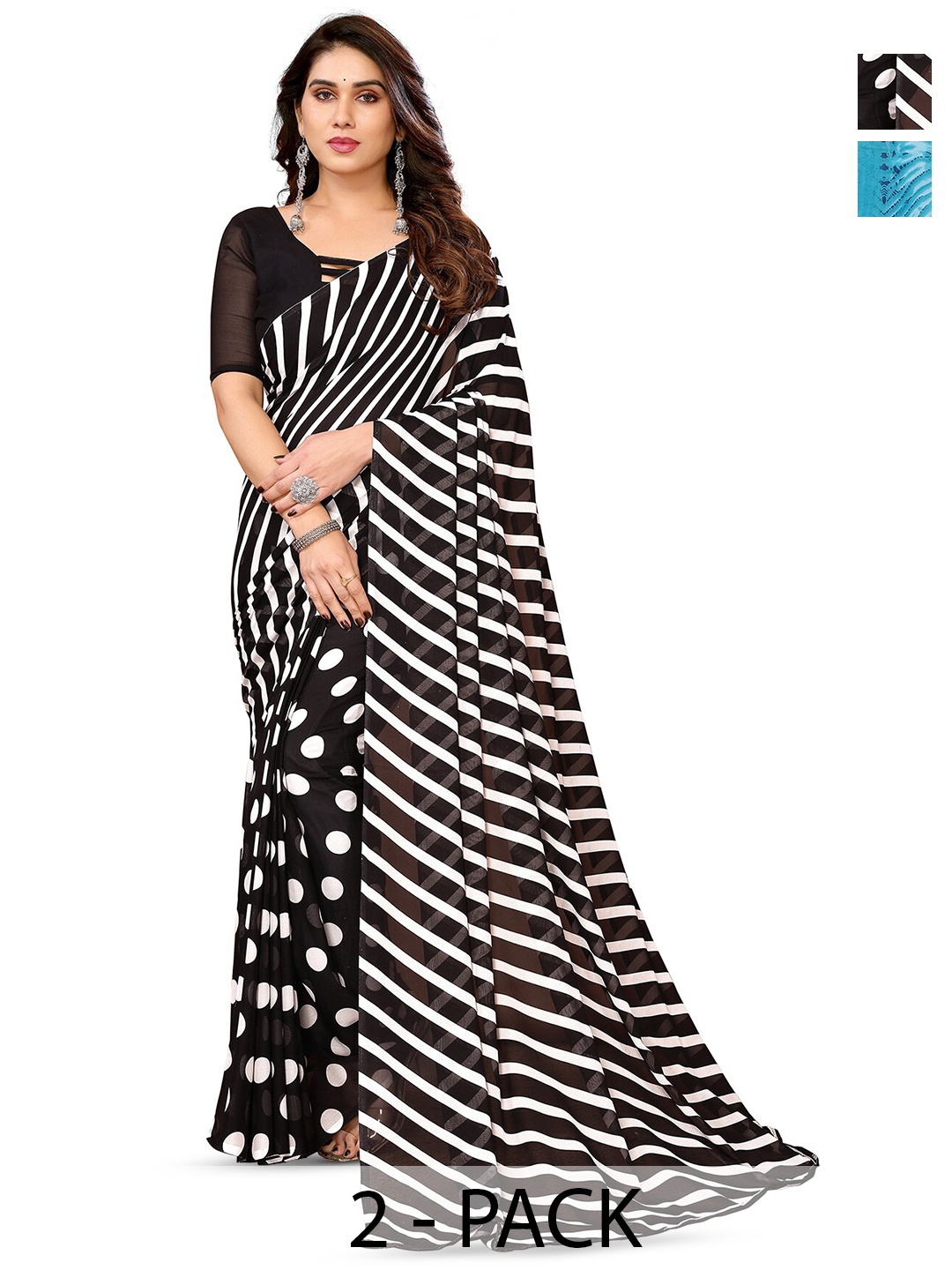 

ANAND SAREES Selection Of 2 Polka Dots Printed Sarees, Black