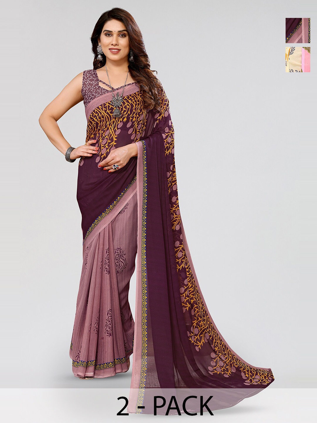 

ANAND SAREES Selection Of 2 Floral Printed Sarees, Pink