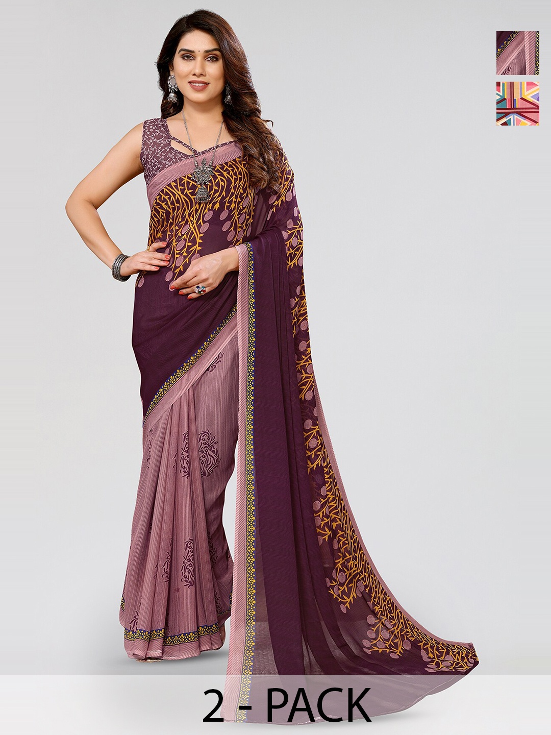 

ANAND SAREES Selection Of 2 Ethnic Motifs Printed Saree, Purple