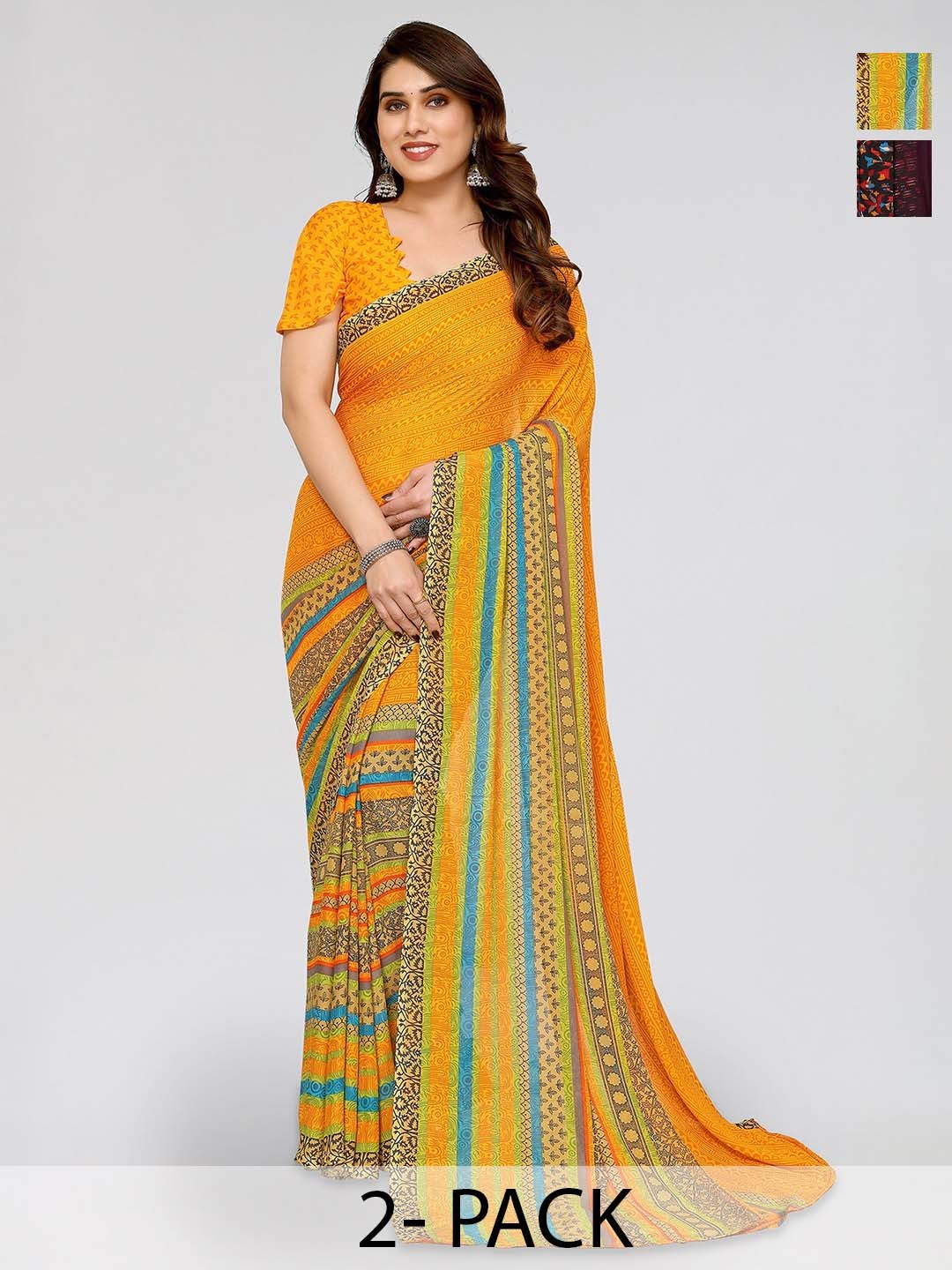 

ANAND SAREES Selection Of 2 Geometric Printed Saree, Yellow