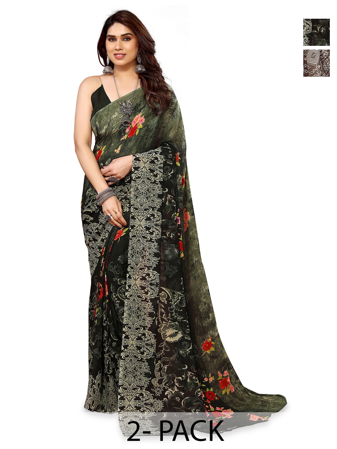 

ANAND SAREES Selection Of 2 Floral Printed Sarees, Brown