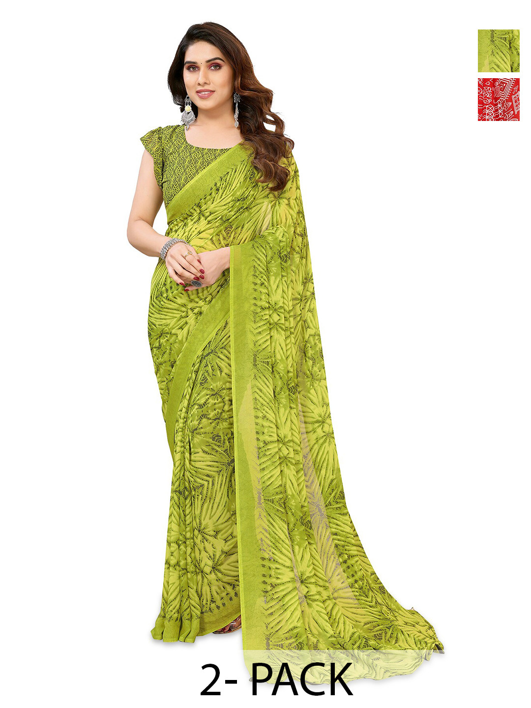 

ANAND SAREES Pack Of 2 Warli Printed Georgette Saree, Red