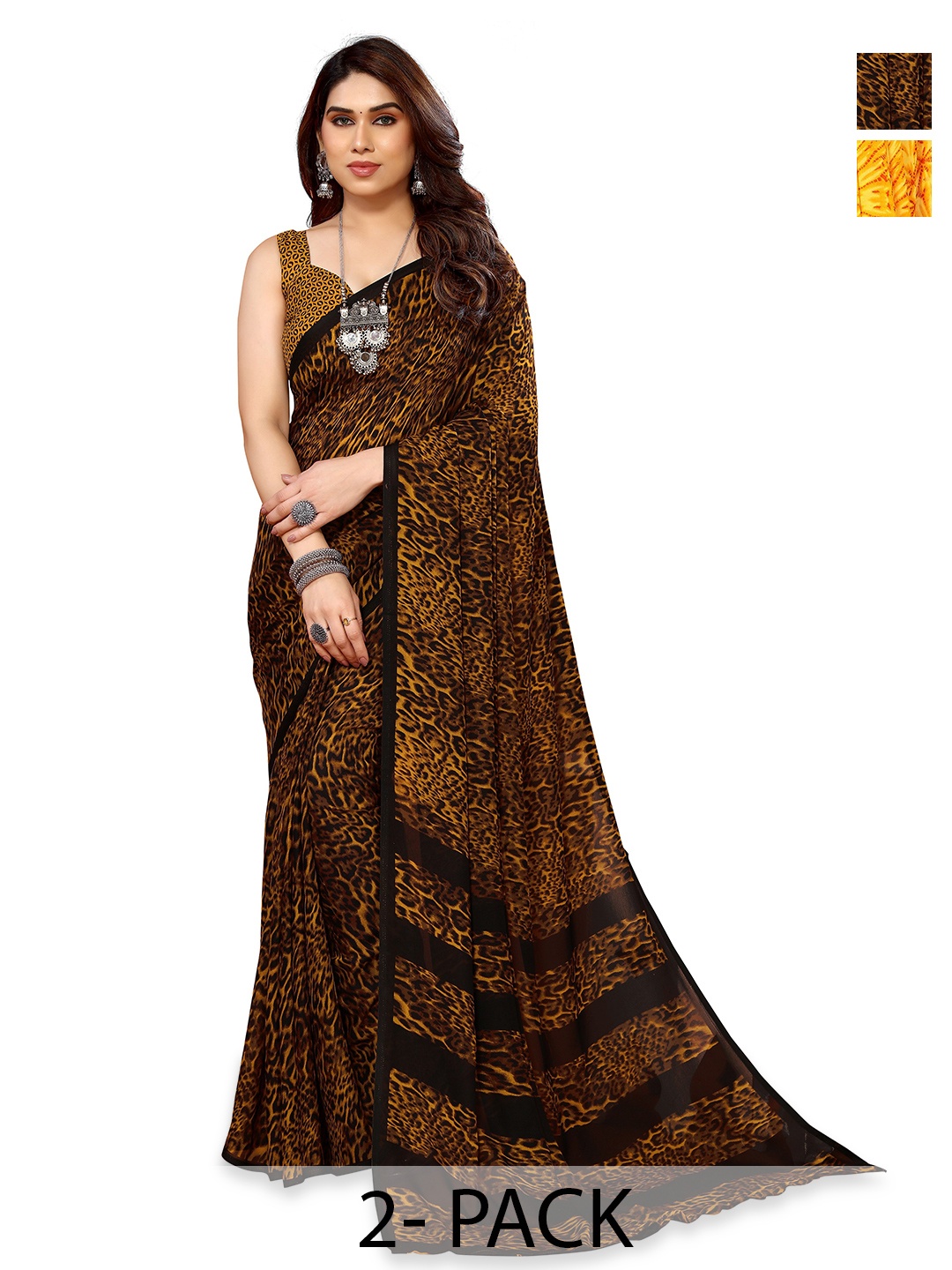 

ANAND SAREES Selection Of 2 Abstract Printed Sarees, Yellow