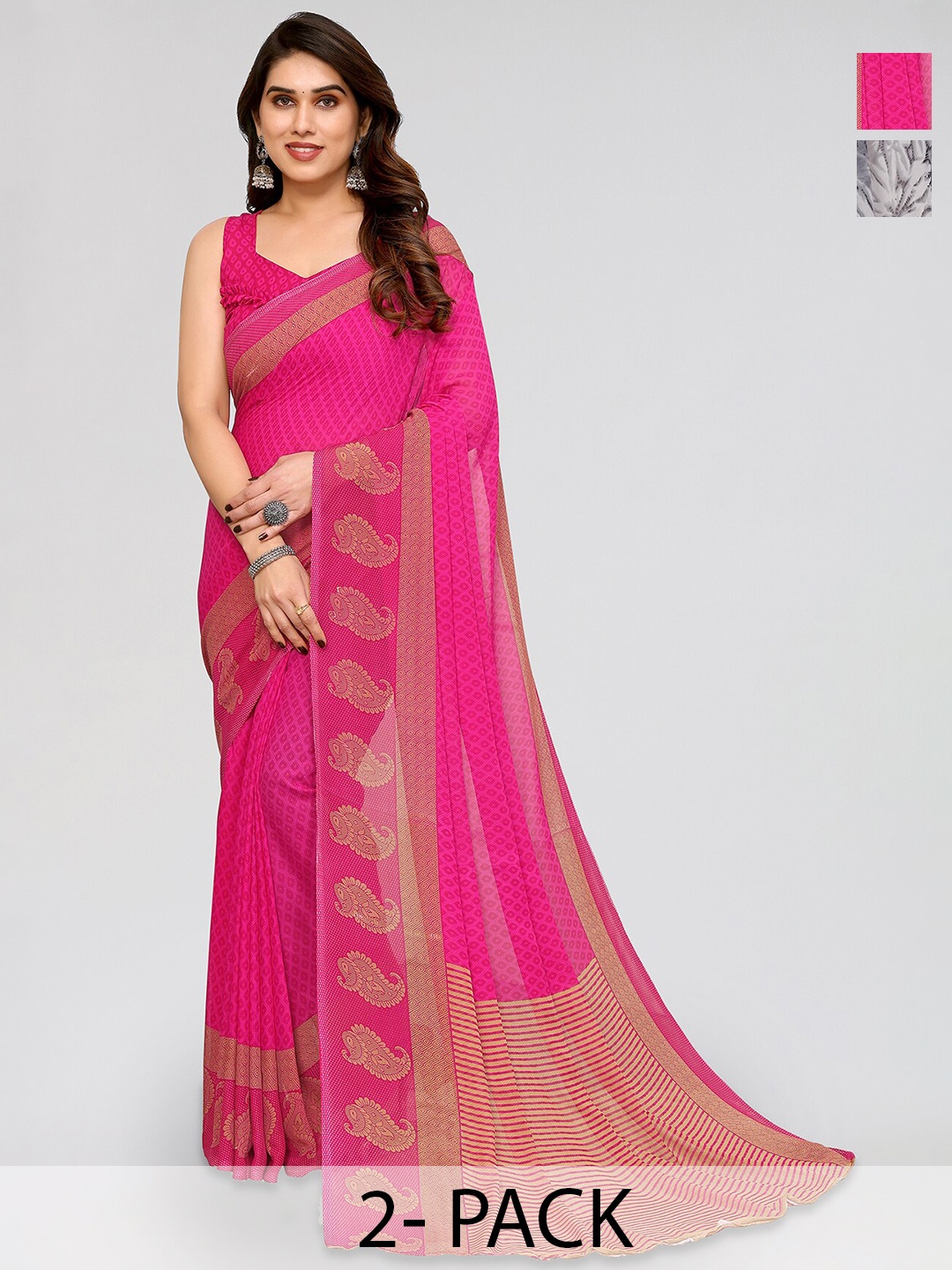 

ANAND SAREES Selection Of 2 Ethnic Motifs Printed Sarees, Pink