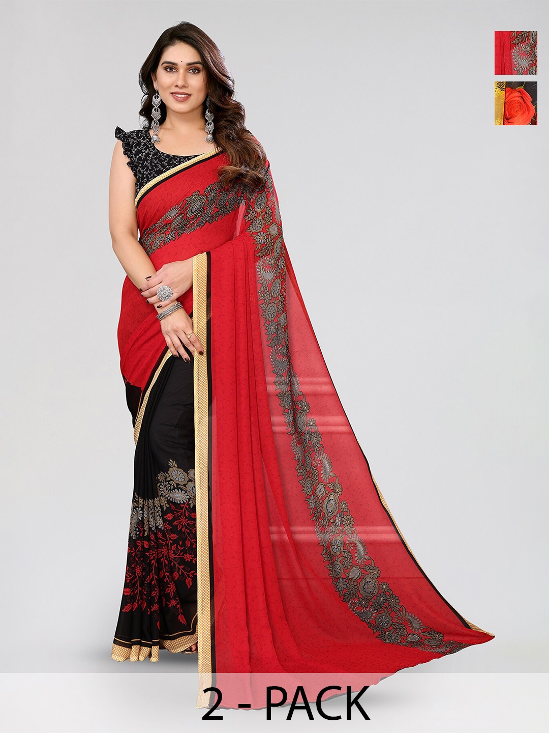 

ANAND SAREES Selection Of 2 Floral Printed Sarees, Red