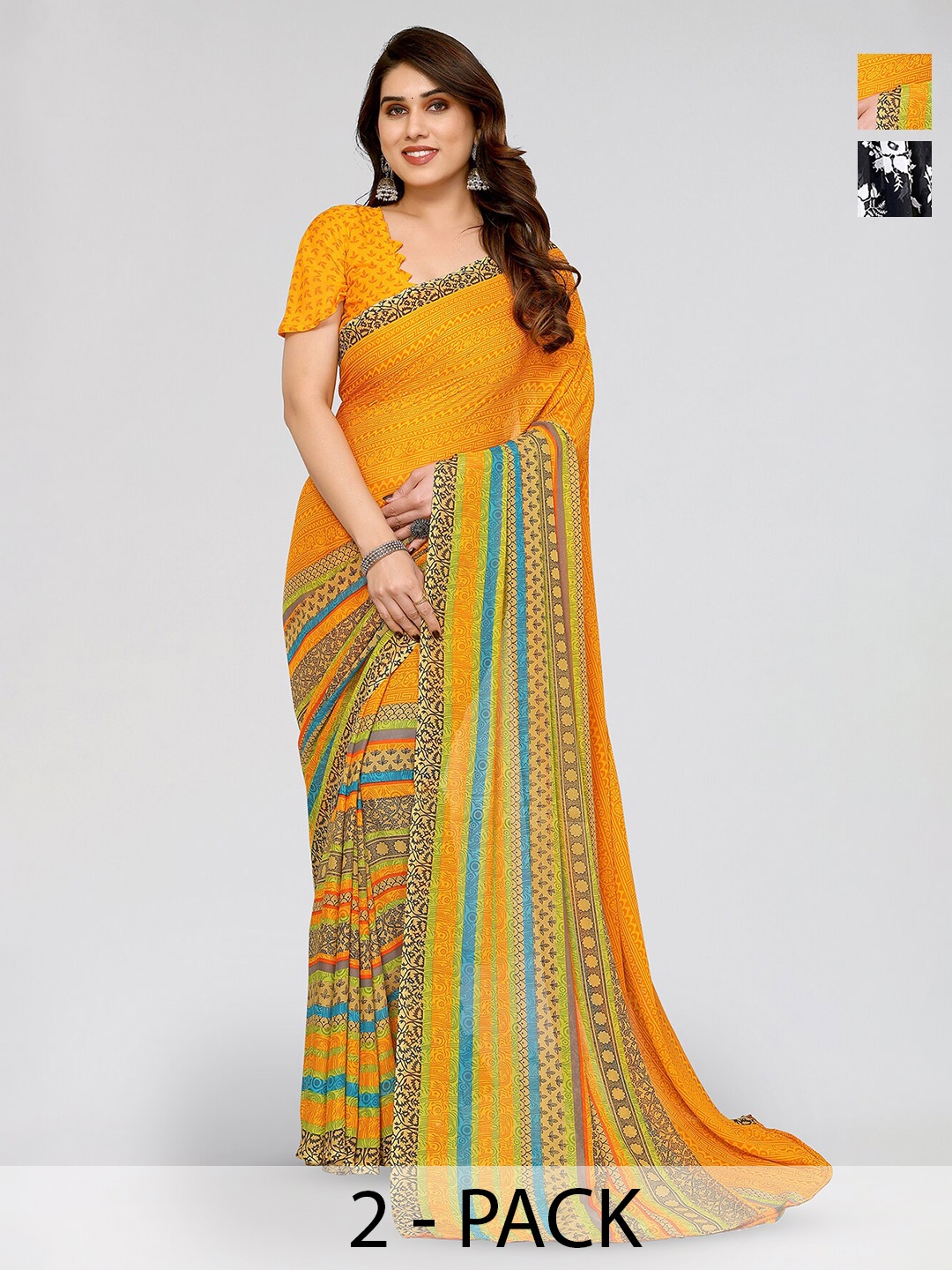 

ANAND SAREES Selection Of 2 Floral Printed Sarees, Yellow