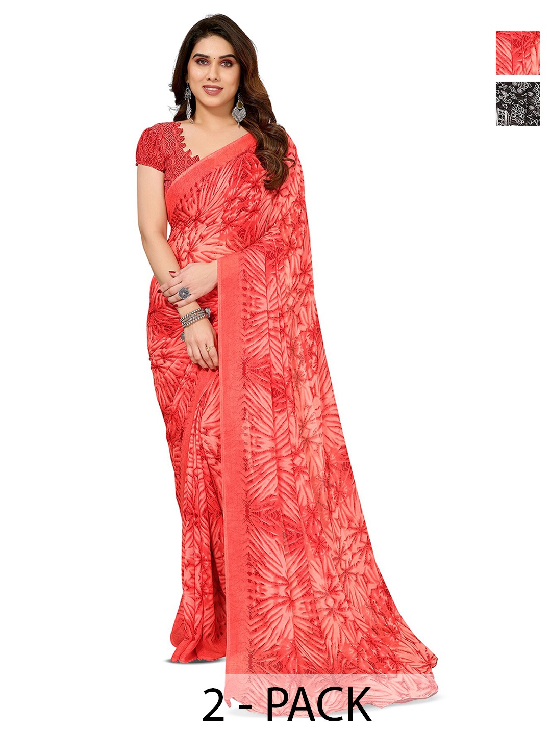

ANAND SAREES Selection Of 2 Abstract Printed Sarees, Black