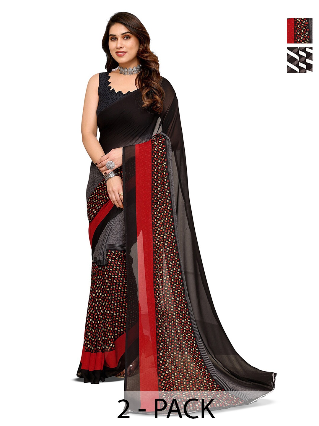 

ANAND SAREES Selection Of 2 Striped Printed Saree, Black