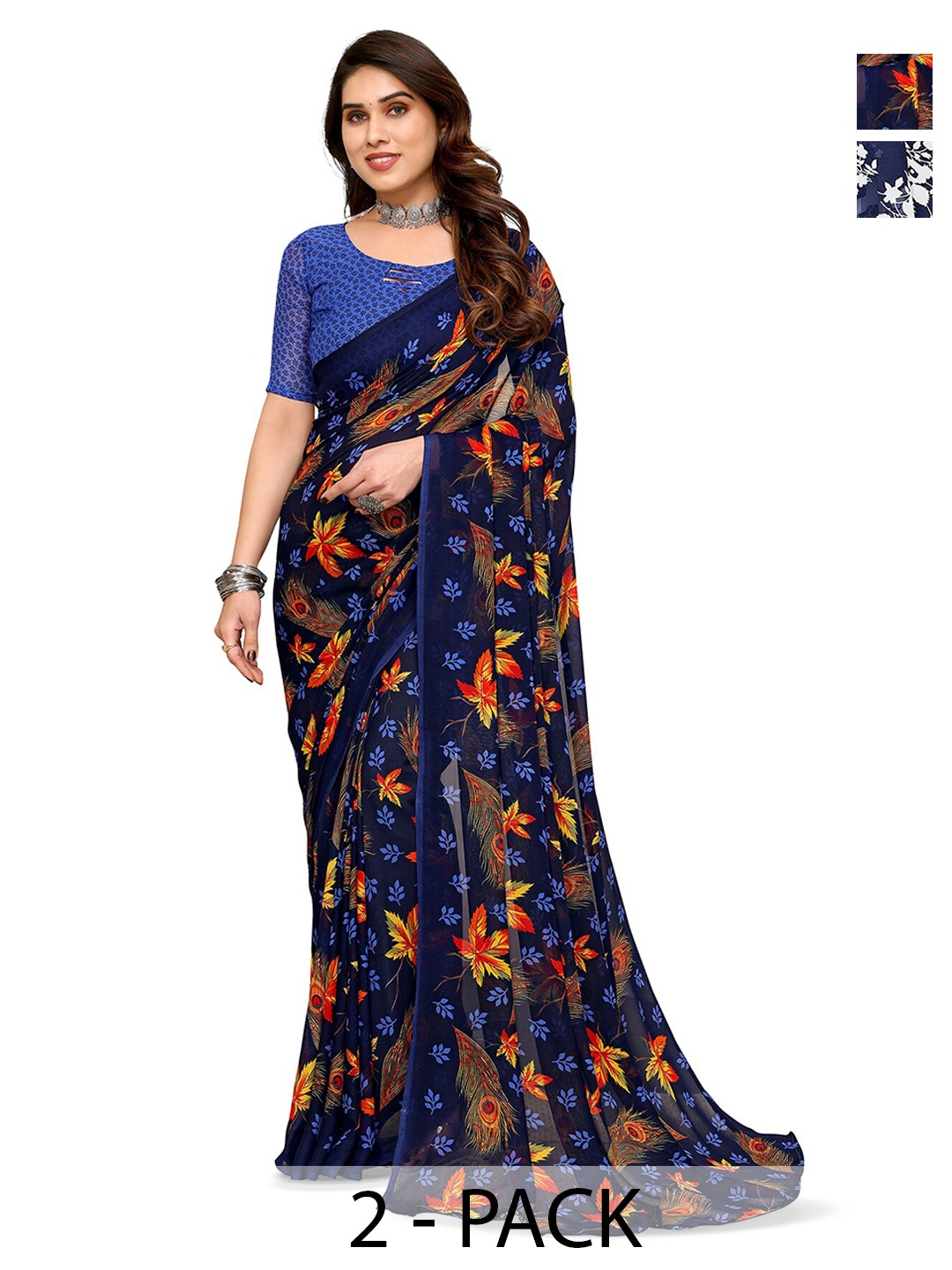 

ANAND SAREES Selection Of 2 Floral Printed Saree, Blue