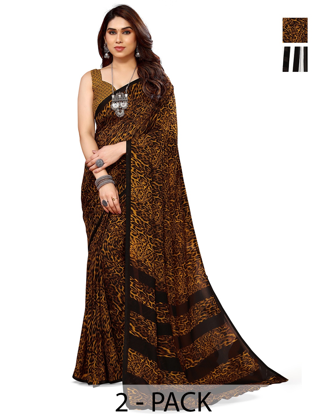 

ANAND SAREES Selection of 2 Striped Printed Saree, Black