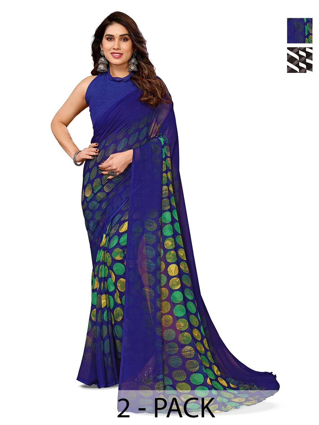 

ANAND SAREES Selection Of 2 Floral Printed Sarees, Black