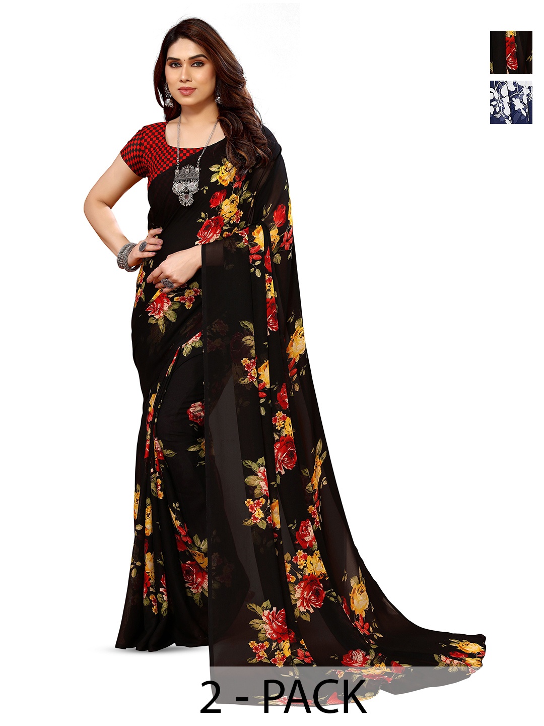 

ANAND SAREES Selection of 2 Floral Printed Saree, Blue