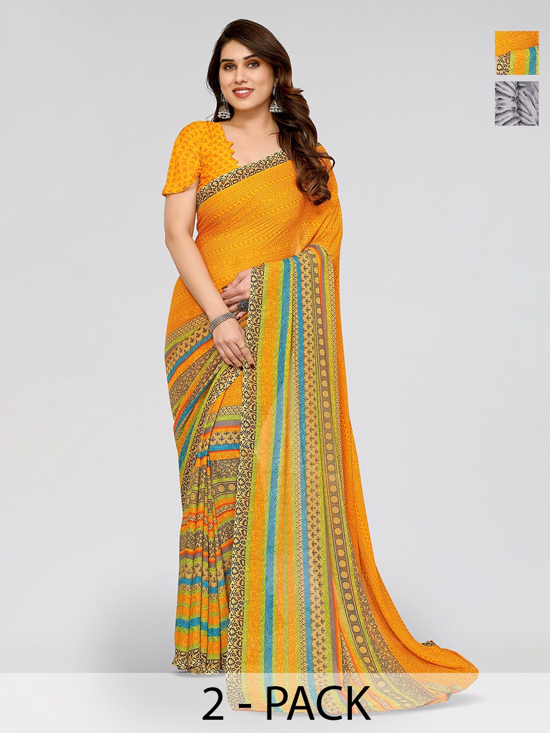 

ANAND SAREES Selection Of 2 Abstract Printed Sarees, Grey