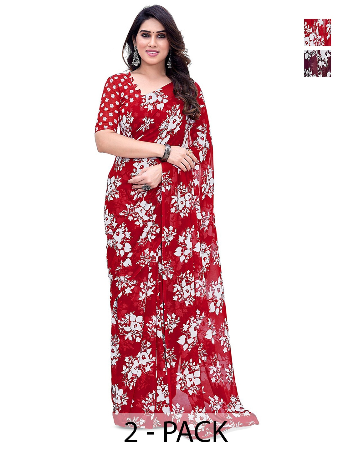 

ANAND SAREES Selection Of 2 Floral Printed Sarees, Red