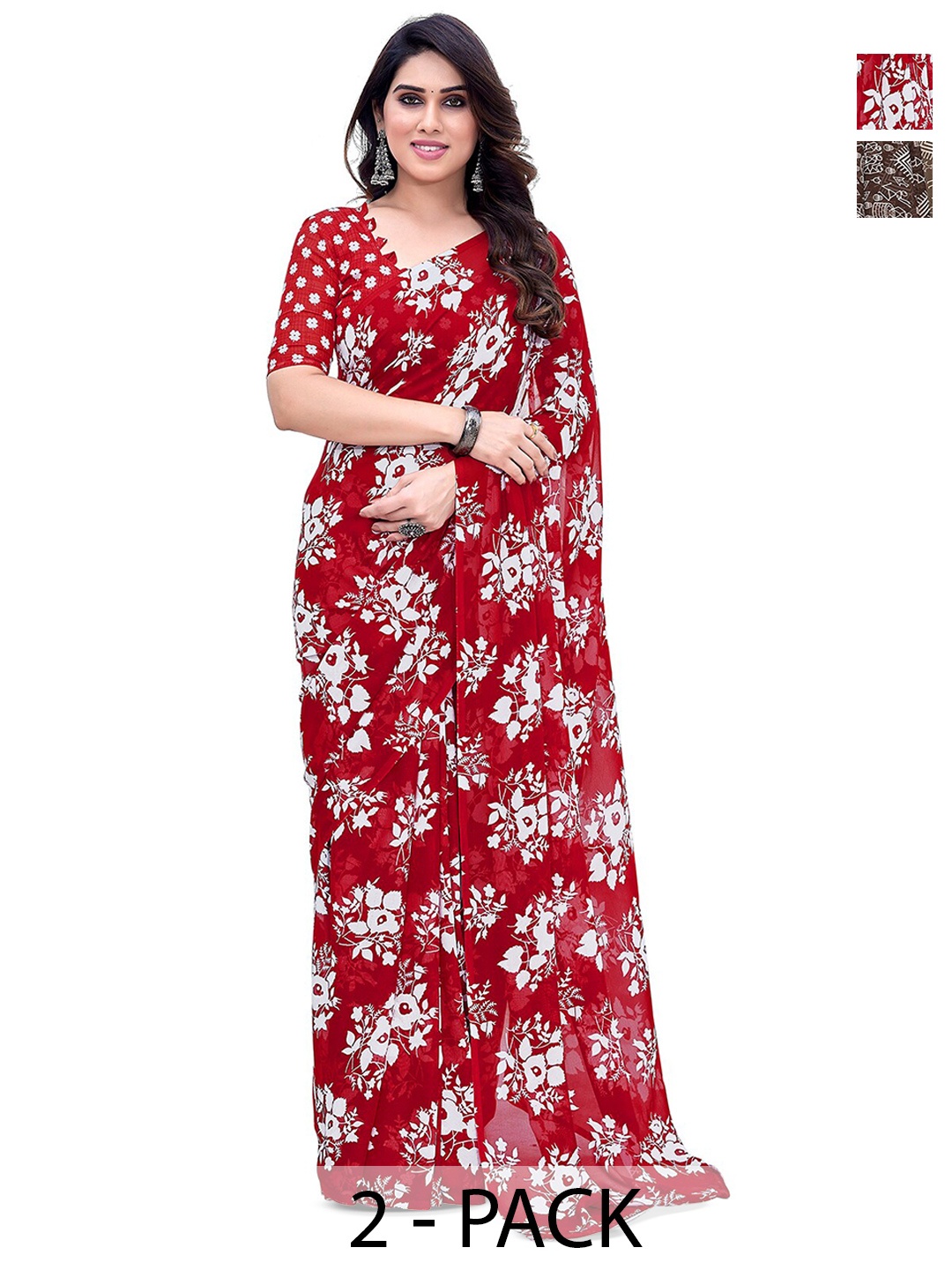 

ANAND SAREES Selection of 2 Floral Printed Sarees, Red