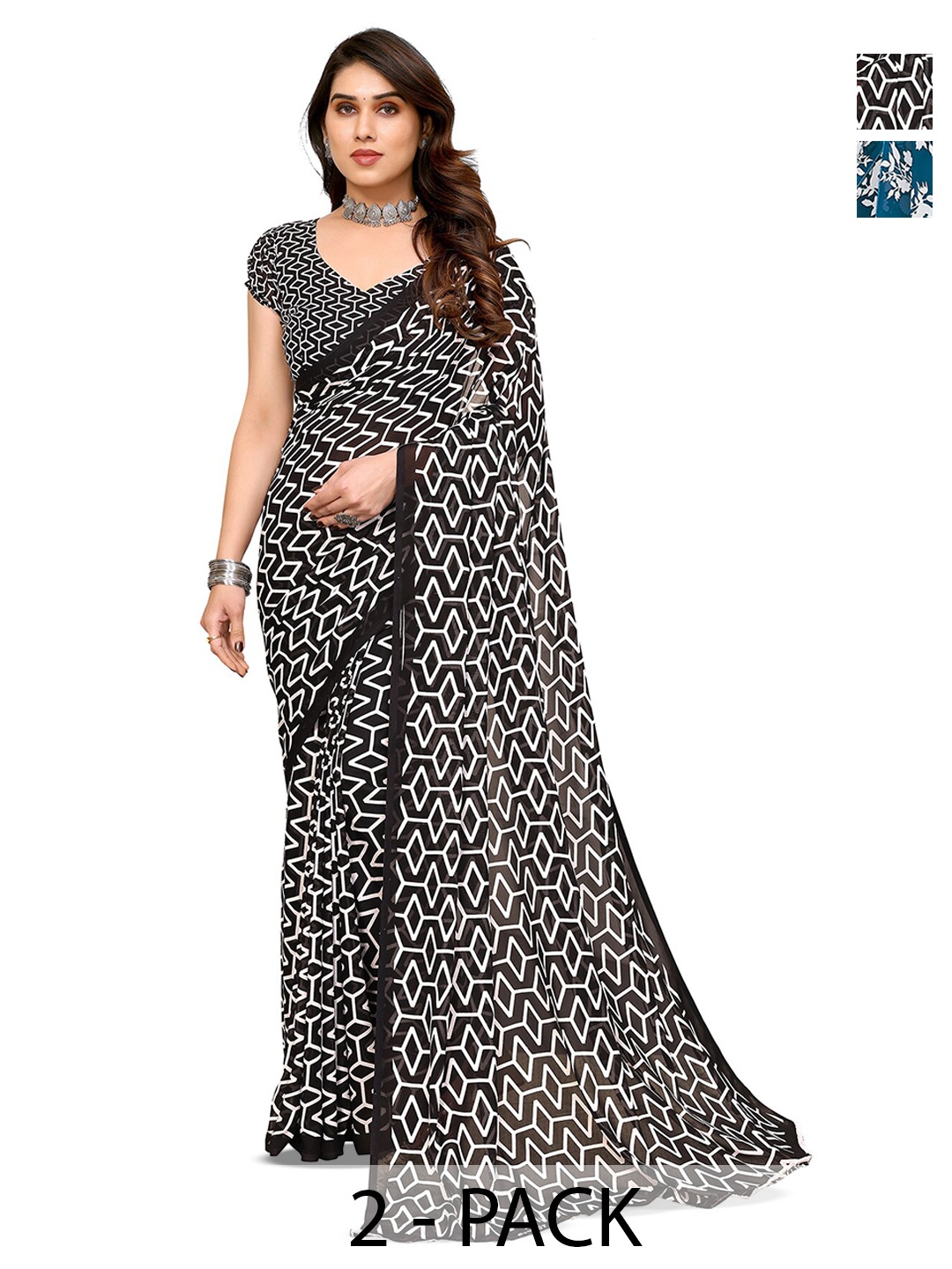 

ANAND SAREES Selection Of 2 Geometric Printed Sarees, Black