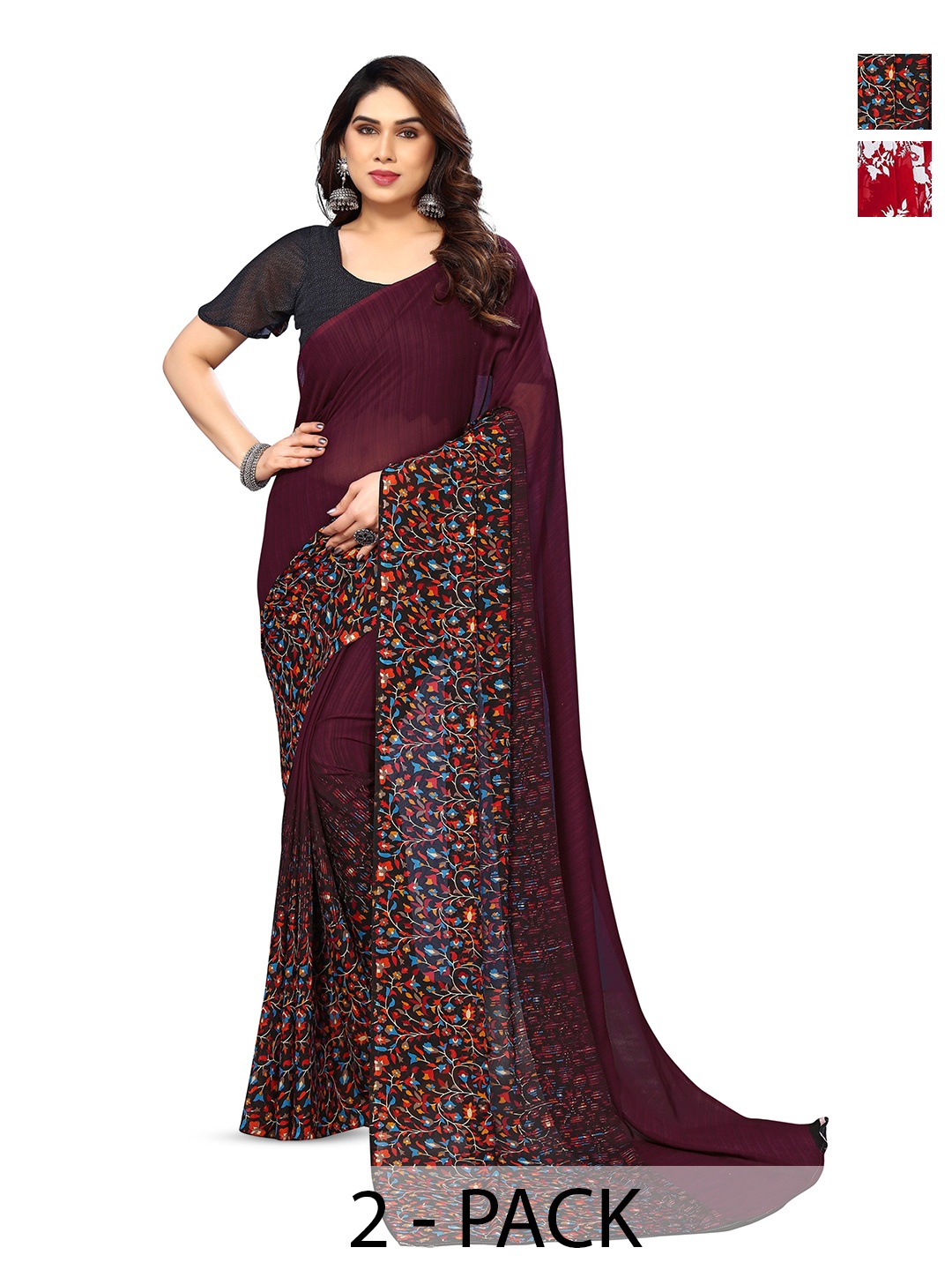 

ANAND SAREES Selection Of 2 Floral Printed Sarees, Red