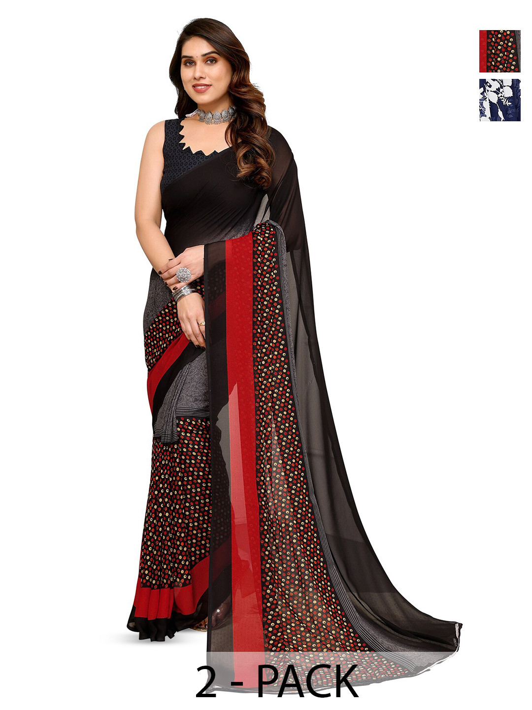 

ANAND SAREES Selection Of 2 Ethnic Motifs Printed Saree, Black