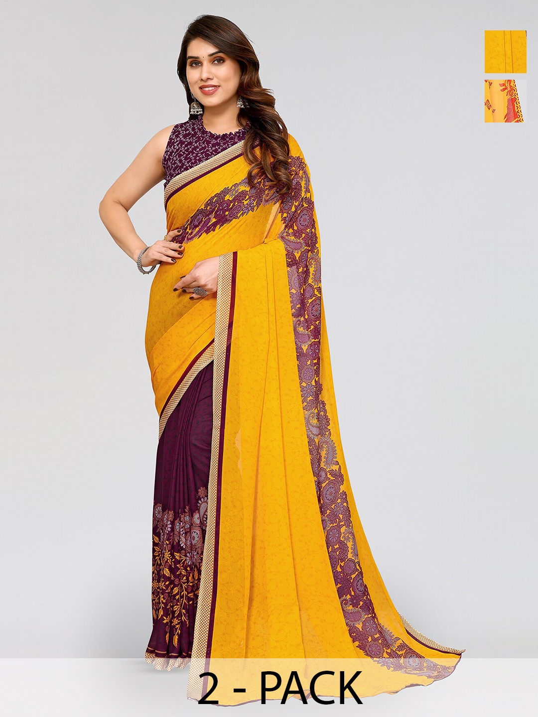 

ANAND SAREES Selection Of 2 Ethnic Motifs Printed Sarees, Yellow