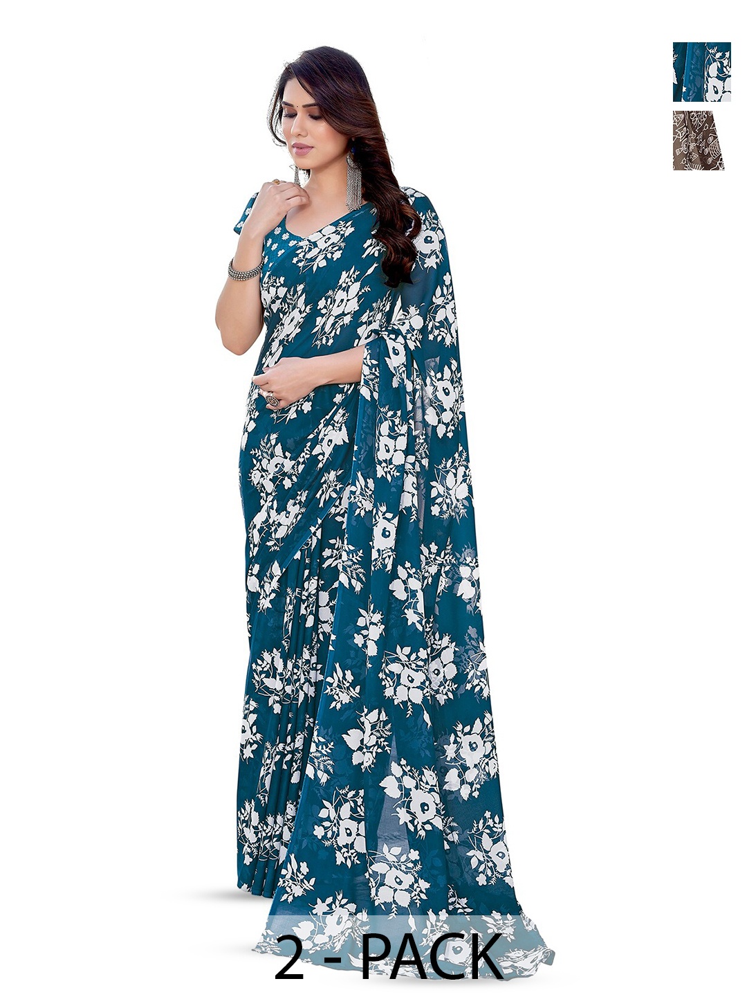 

ANAND SAREES Pack Of 2 Floral Printed Georgette Saree, Brown