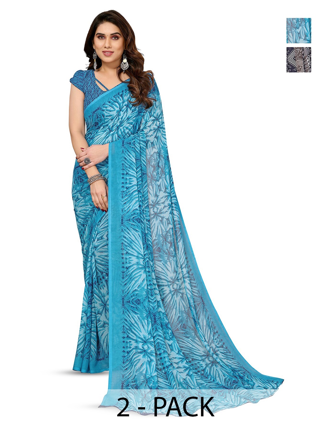 

ANAND SAREES Selection Of 2 Floral Printed Sarees, Blue