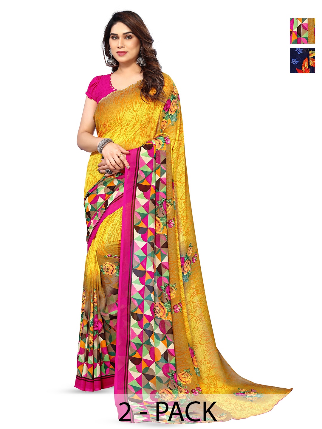 

ANAND SAREES Selection of 2 Floral Printed Sarees, Yellow