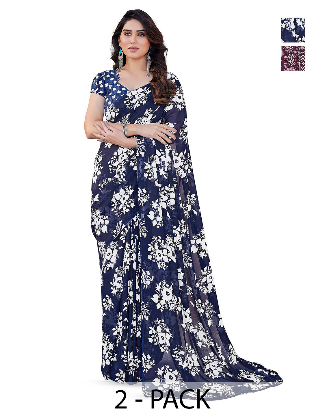 

ANAND SAREES Selection Of 2 Floral Sarees, Blue