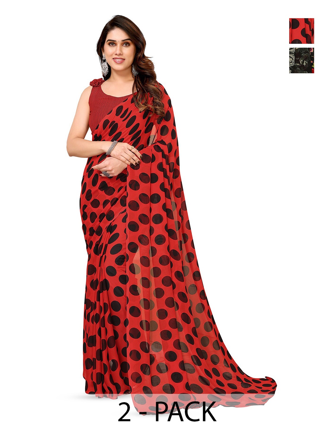 

ANAND SAREES Pack Of 2 Polka Dot Printed Georgette Saree, Red