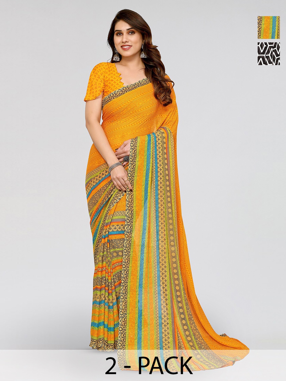 

ANAND SAREES Selection Of 2 Geometric Printed Sarees, Yellow